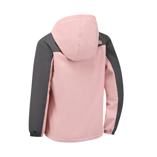 淺粉紅色 Minnex Store 粉紅色抓毛夾層童裝戶外褸<60221674-20>，深灰色袖子和肩部鑲板，從後面看。袖口鬆緊帶，寬鬆合身，適合日常穿著。.