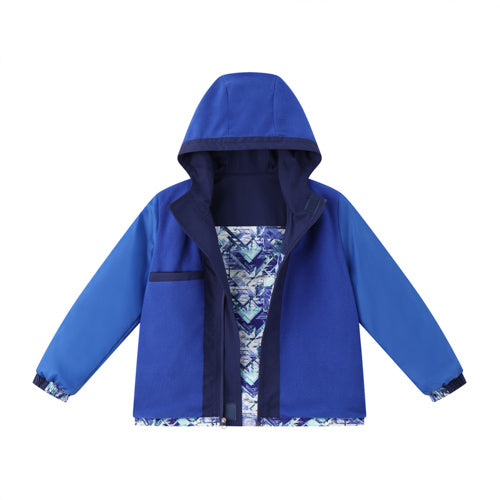 Minnex Store 藍色抓毛夾層童裝戶外褸 <60221674-43>是一件藍色的兒童連帽外套，長袖，前袋，印有藍白色襯裡，圖中打開的襯裡突顯其時尚的內裡。.