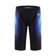 黑色男童泳褲 <68331022> features knee-length design with blue gradient feather patterns, subtle vertical pinstripes, and a brand logo on the left hip. This 藍色漸層泳褲 is shown against a plain white background.