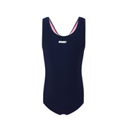 A sleeveless寶藍色女童練習泳衣 <68400464-Y1> one-piece with a rounded neckline, 彈性布料, and a small white AQUAEX logo on the chest, shown on a plain white background.