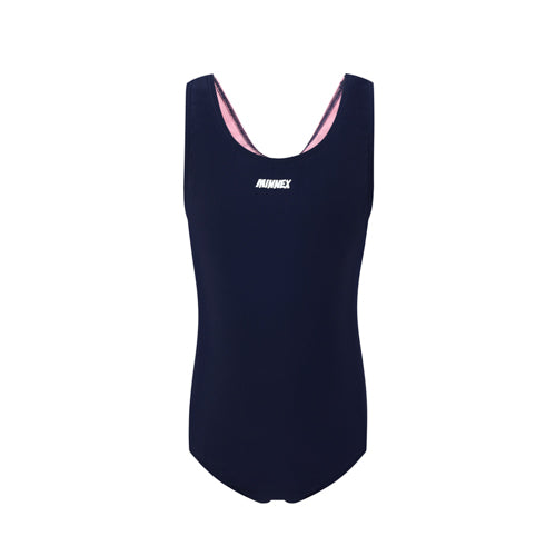 A sleeveless寶藍色女童練習泳衣 <68400464-Y1> one-piece with a rounded neckline, 彈性布料, and a small white AQUAEX logo on the chest, shown on a plain white background.