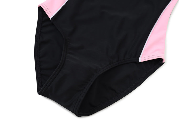 Close-up of the bottom half of 黑色女童練習泳衣 <68400615-B1>, showcasing black fabric with light pink side panels, laid flat on a white background.
