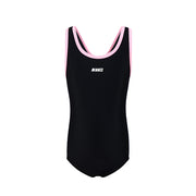 A 黑色女童練習泳衣 <68400615-B1> with pink trim on the neckline and armholes, and a small white MINNEX logo on the chest, displayed against a white background.