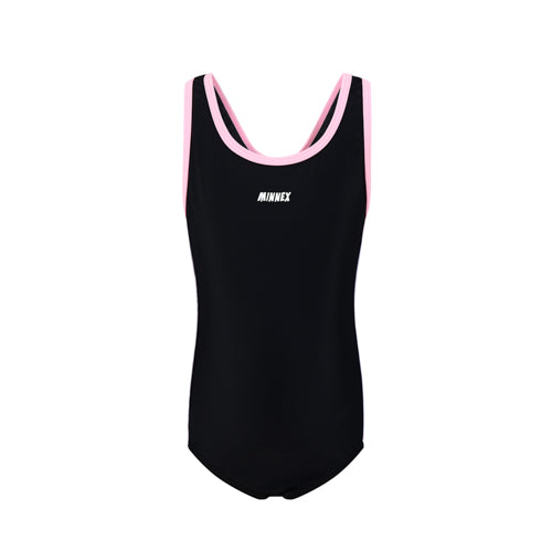 A 黑色女童練習泳衣 <68400615-B1> with pink trim on the neckline and armholes, and a small white MINNEX logo on the chest, displayed against a white background.