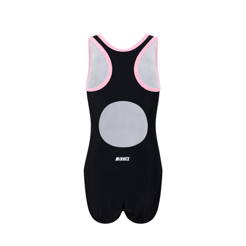 The 黑色女童練習泳衣 <68400615-B1> is a black one-piece with pink trim, a large light gray circle on the back, and "MINNEX" in white below the circle, shown on a plain white background.