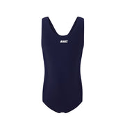 The 深藍色女童練習泳衣 <68400616-D1> is a one-piece with a scoop neckline and wide straps, ideal for 女童練習泳衣 or 游泳課專用. "ANNEX" is printed in white on the chest, shown on a white background.