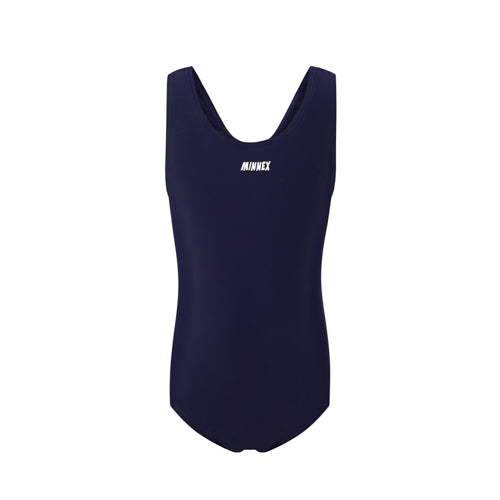 The 深藍色女童練習泳衣 <68400616-D1> is a one-piece with a scoop neckline and wide straps, ideal for 女童練習泳衣 or 游泳課專用. "ANNEX" is printed in white on the chest, shown on a white background.