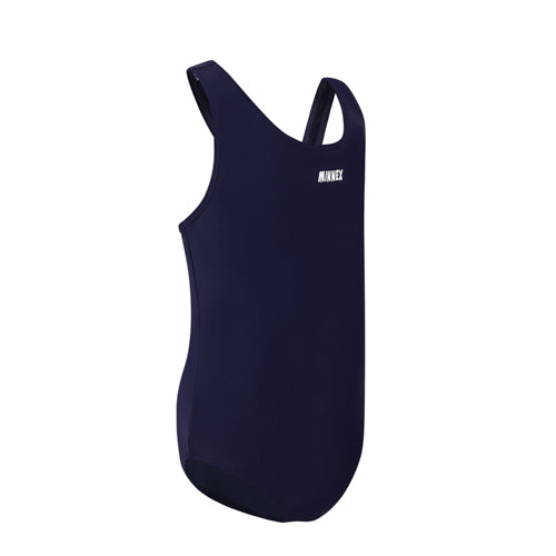 The 深藍色女童練習泳衣 <68400616-D1> is a plain navy blue one-piece with wide straps and a small white ANIKEX logo on the chest, ideal for 女童練習泳衣 or 游泳課專用, shown against a white background.