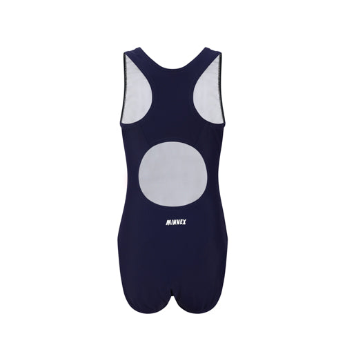 Back view of 深藍色女童練習泳衣 <68400616-D1> in a sleeveless one-piece design with light gray circular panels on the upper and lower back, ideal for 游泳課, and featuring a small white MINNEX logo below the lower panel.