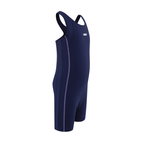 The 深藍色女童練習泳衣 <68401830-H1> is made with 彈性泳衣 fabric for comfort, ideal for use as a 學校泳衣 or for fun pool days.
