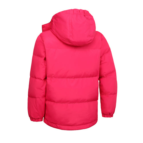鮮豔的洋紅色 Minnex Store 玫紅色防風腰童裝羽絨褸<K0103077-23>，橫向縫線、彈性袖口、連帽，可愛時尚女童外套風格，最適合寒冷的日子。.