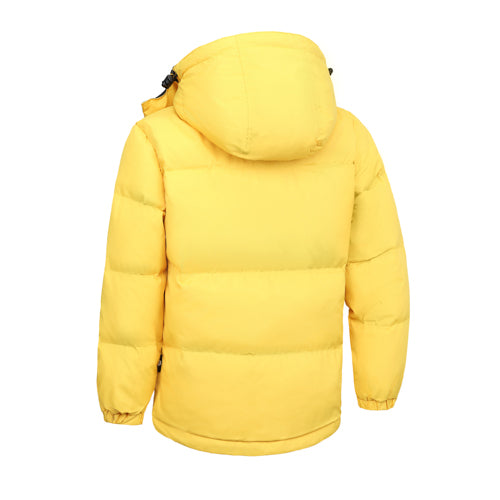 Minnex Store 黃色防風腰童裝羽絨褸<K0103077-16>，連帽設計，長袖彈性袖口，時尚壓縫款式，亮黃色背面展示。.