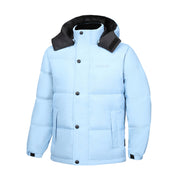 Minnex Store 天藍色防風腰童裝羽絨褸<K0103077-40>，黑色帽內裡、前按扣、側袋、可調袖口，防風防水，適合寒冷天氣。 展示於白色背景。.