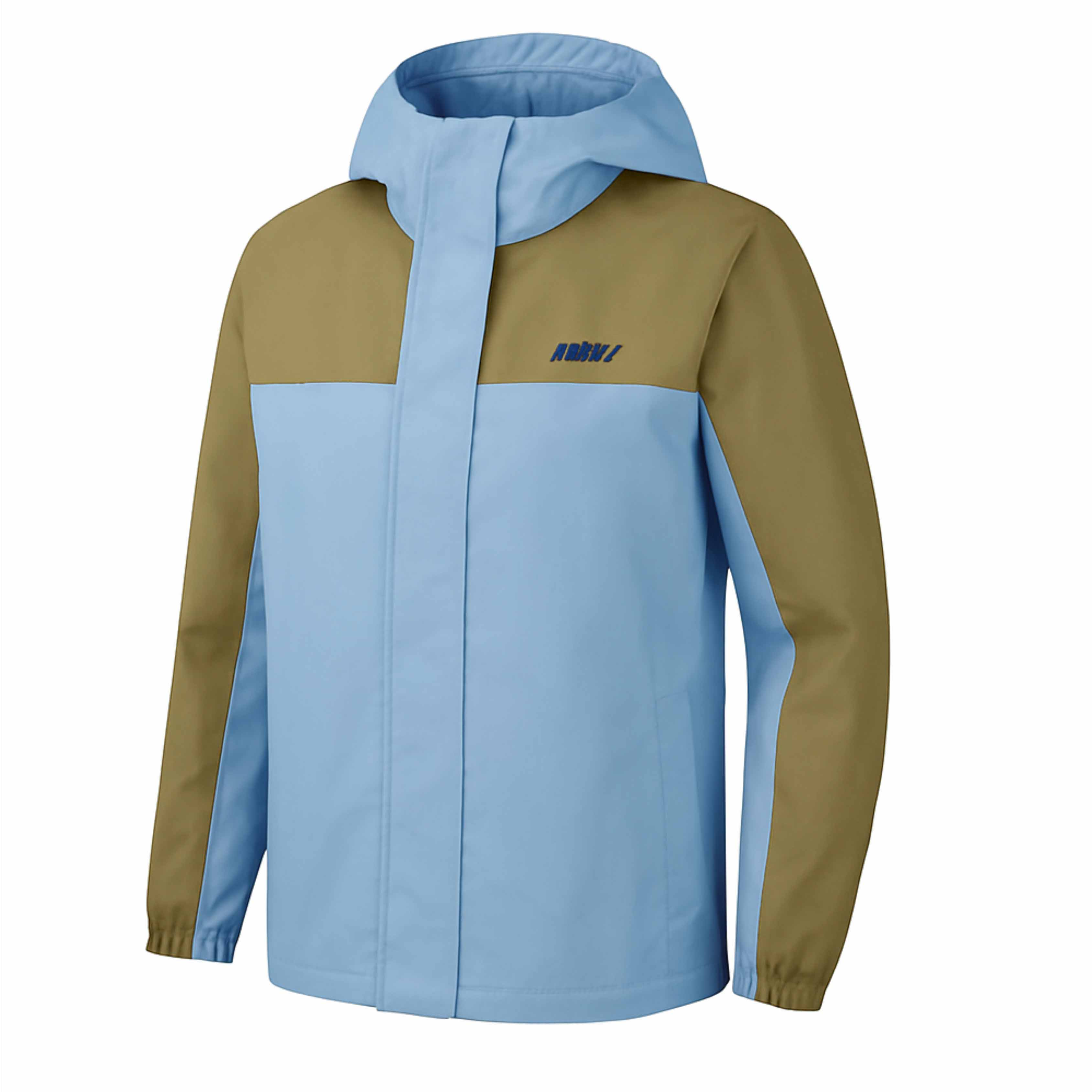 Minnex Store 天藍色童裝戶外褸 <60221674-40>採用橄欖綠色袖子/肩膀、兜帽、前拉鍊、彈性袖口和深藍色胸前標誌。設計時尚動感。.