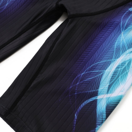 Close-up of 黑色男童泳褲 <68331022> with a blue and white abstract wave pattern on one leg, ribbed fabric texture, and visible seams—stylish swimwear perfect for active boys in or out of the water.