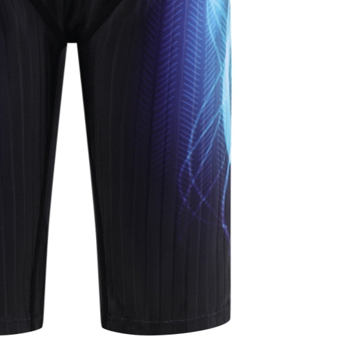 Close-up of the lower half of 黑色男童泳褲 <68331022> featuring a blue and purple abstract pattern on the right leg and subtle vertical stripes for added style.