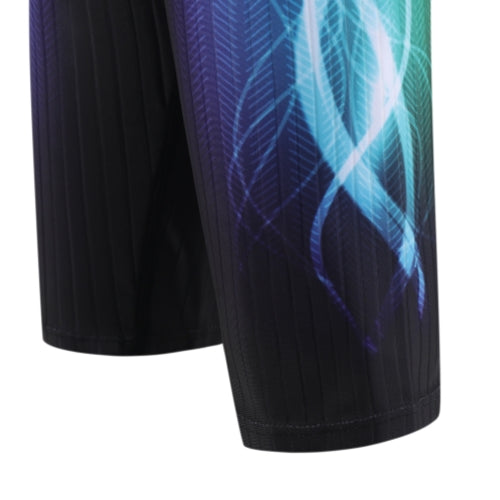 Close-up of the lower part of 黑色男童泳褲 <68331022> featuring a vibrant, abstract design with blue and green glowing lines on the fabric.