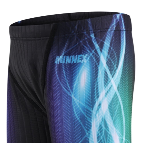 Close-up of 黑色男童泳褲 <68331022>, athletic swim shorts with a blue, green, and purple digital abstract pattern, reminiscent of 藍色漸層泳褲, and MINNEX printed near the waistband.