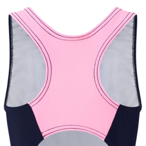Close-up of the back of 寶藍色女童練習泳衣 <68400464-Y1> showing a racerback design with 彈性布料: pink top, gray sides, and navy bottom for comfortable swim practice.