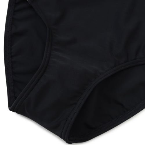 Close-up of the 黑色女童練習泳衣 <68400615-B1>, showing its fabric texture, seams, and curved edges against a white background.