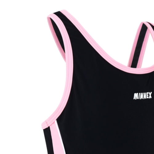 A close-up of the 黑色女童練習泳衣 <68400615-B1>, a black tank-style girl's swimsuit with light pink trim and straps, featuring "MINNEX" in white on the chest and designed for high elasticity during practice.