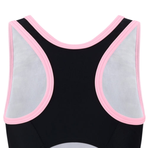 Back view of the 黑色女童練習泳衣 <68400615-B1>: black athletic tank top with light pink trim, racerback design, and white mesh side panels，靈感來自高彈性泳衣，適合女童練習及穿搭。.