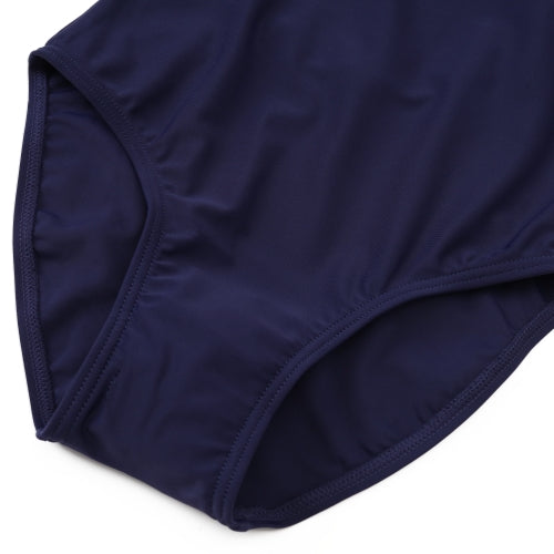 Close-up of a 深藍色女童練習泳衣 <68400616-D1> bottom, highlighting smooth fabric and stitched seams. Laid flat on white, perfect for 游泳課專用。.