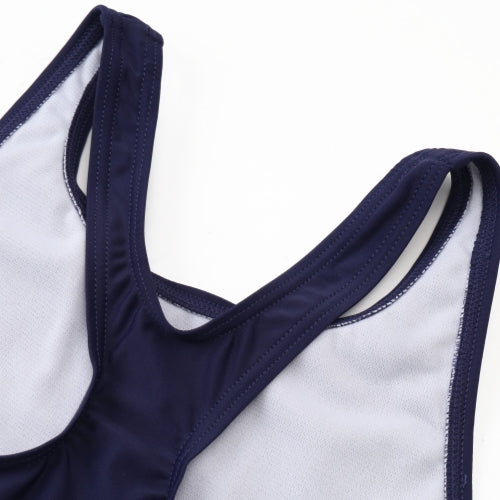 Close-up of the upper part of 深藍色女童練習泳衣 <68400616-D1>, highlighting the shoulder straps and neckline against a white background. Ideal for 游泳課專用, it offers comfort and style for young swimmers.