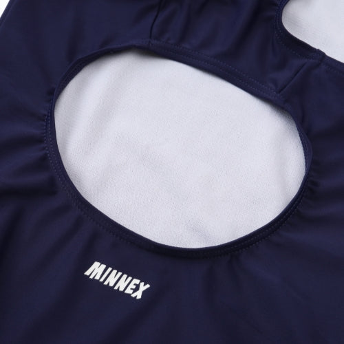 Close-up of a 深藍色女童練習泳衣 <68400616-D1> with a circular cutout and MINNEX printed in white—ideal for 游泳課練習.