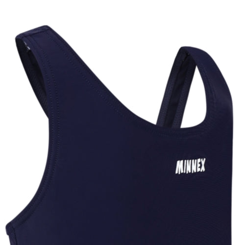 A close-up of the 深藍色女童練習泳衣 <68400616-D1>, a sleeveless athletic top with 'MINNEX' in white on the chest, perfect for 女童 as 游泳課專用.