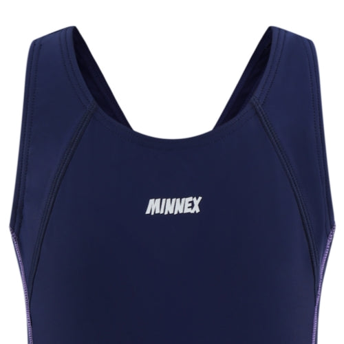 A close-up of the upper section of a 深藍色女童練習泳衣 <68401830-H1> with wide straps and MINNEX printed in white on the chest, highlighting its 彈性泳衣 fabric for a comfortable fit.