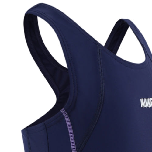 Close-up of 深藍色女童練習泳衣 <68401830-H1> athletic tank top, highlighting the shoulder straps, partial chest with white lettering, and purple stitching along the side seam.
