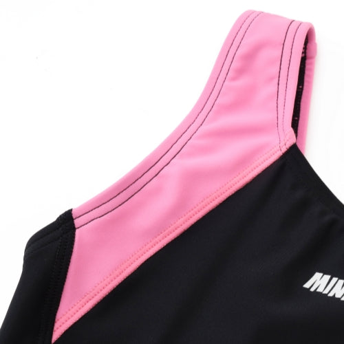A close-up of the 藍色女童練習泳衣 <68401830-H2>, a sleeveless sports swimsuit with a black body, wide pink shoulder strap, visible stitching, and part of a white logo on the front.