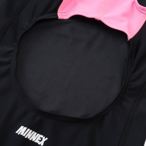 Close-up of a 藍色女童練習泳衣 <68401830-H2> with an open back, featuring the brand name “MINNEX” in white letters on the lower black section.