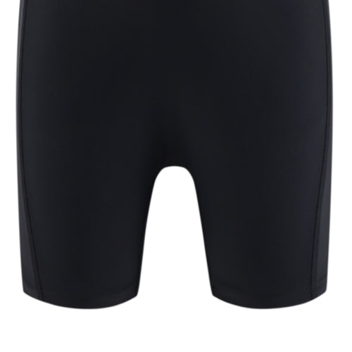 A close-up of the 藍色女童練習泳衣 <68401830-H2> shows its simple, unbranded design, focusing on the midsection and upper thighs, with no visible patterns.