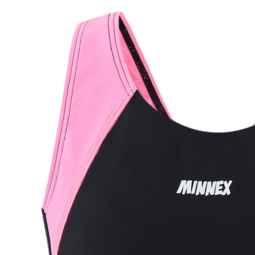 Close-up of the upper part of 藍色女童練習泳衣 <68401830-H2>, a sleeveless sports swimsuit with a black center, pink side panels, and "MINNEX" printed in white on the chest.