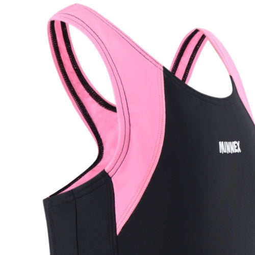 A close-up of the 藍色女童練習泳衣 <68401830-H2>, a sleeveless athletic tank swimsuit with black fabric, pink shoulder straps, and "MINNEX" printed in white on the front.