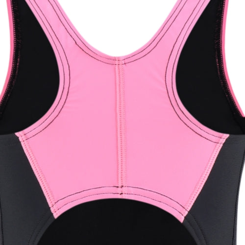 Close-up of the back of 藍色女童練習泳衣 <68401830-H2>, a sleeveless athletic top with visible seam stitching, ideal for pairing with 短褲泳衣 or as part of a stylish 運動泳衣 set.